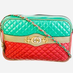 Gucci Web Zumi Quilted Crossbody Bag in Gold, Green and Red Authentic